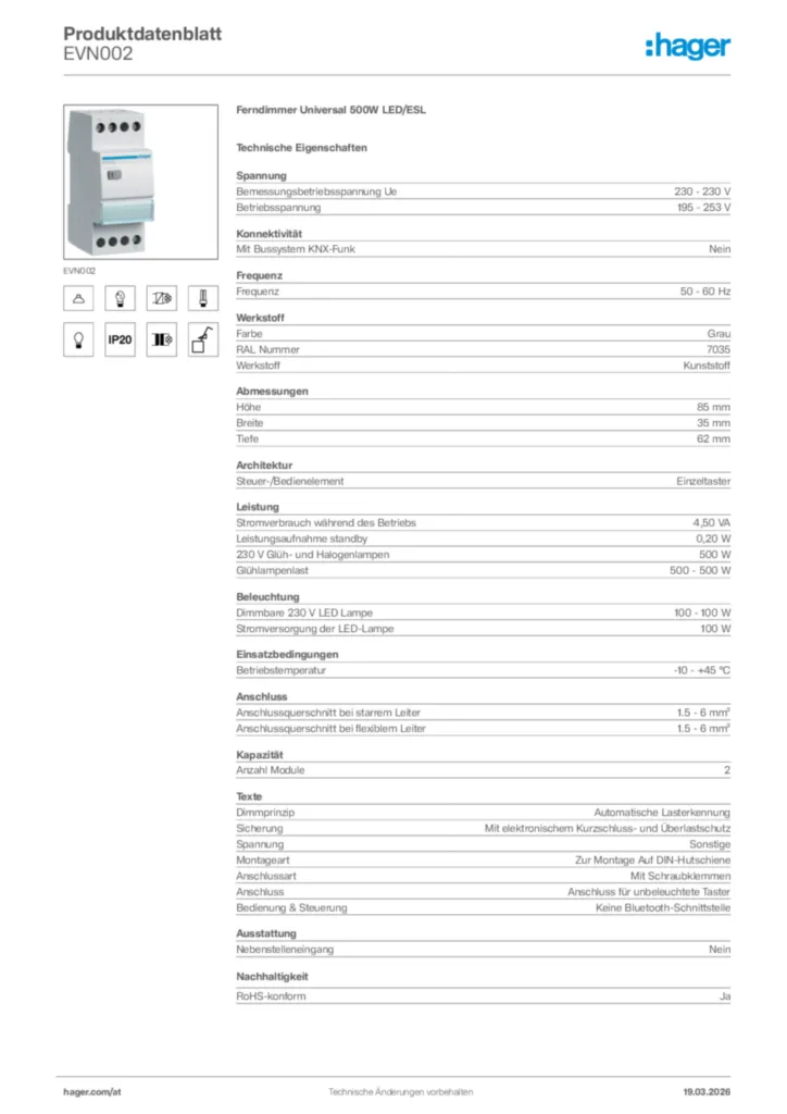 Bild Hager Produktdatenblatt EVN002 | Hager Deutschland