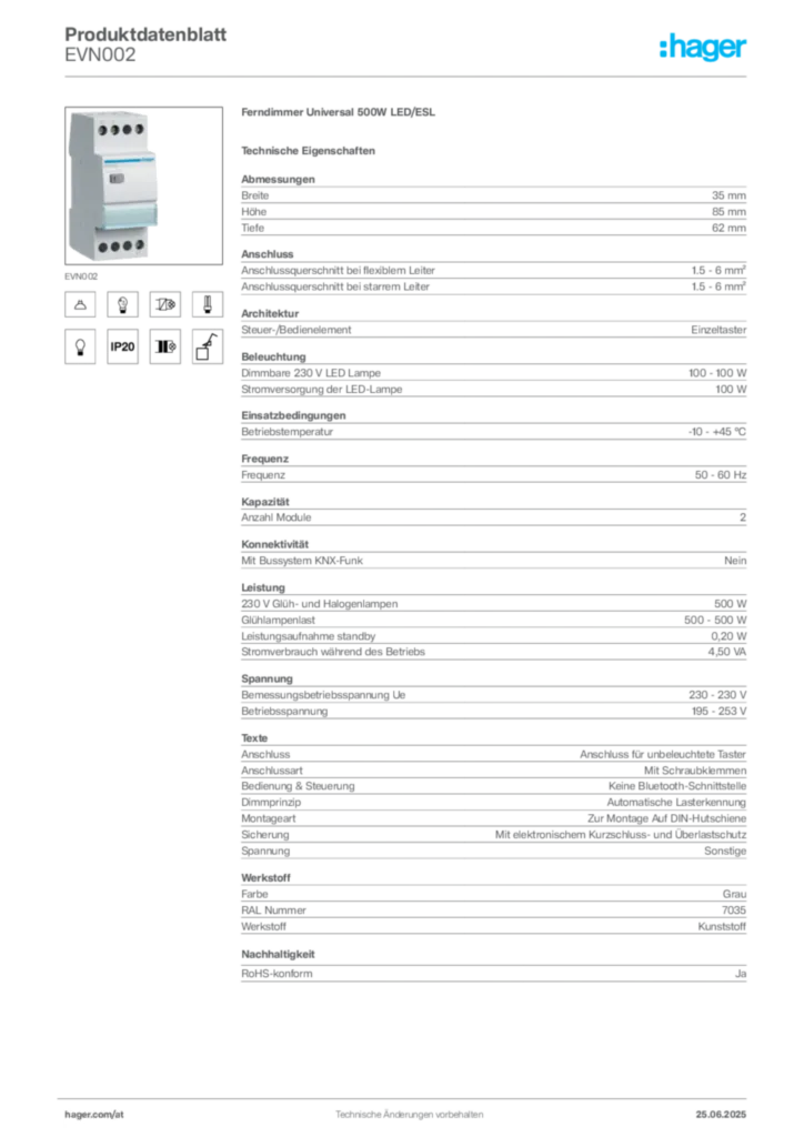 Bild Hager Produktdatenblatt EVN002 | Hager Deutschland