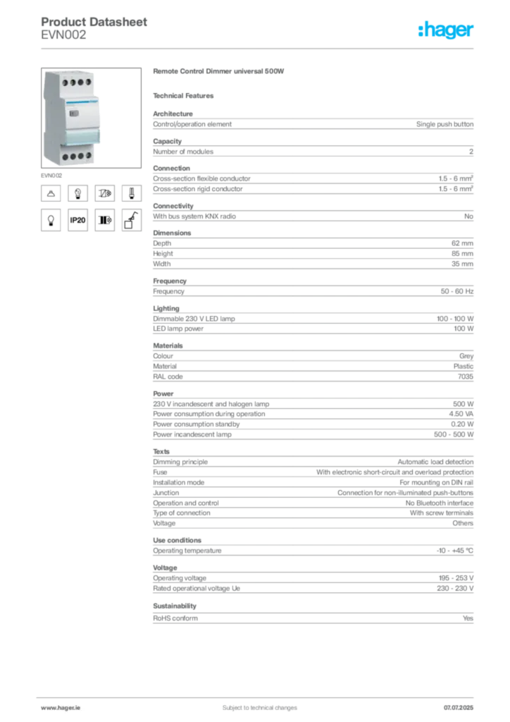 Image Hager Product data sheet EVN002  | Hager