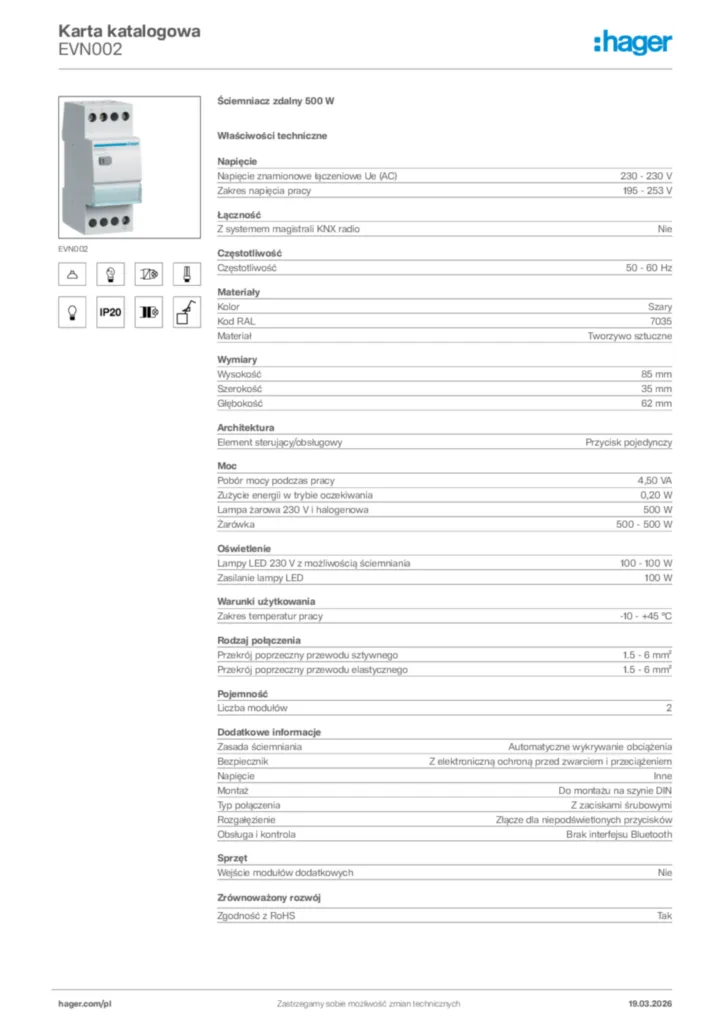 Zdjęcie Hager Karta katalogowa EVN002 | Hager Polska