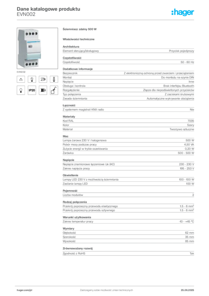 Zdjęcie Hager Dane katalogowe produktu EVN002 | Hager Polska
