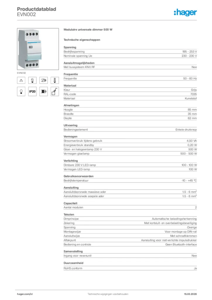Afbeelding Hager Productdatablad EVN002 | Hager Nederland