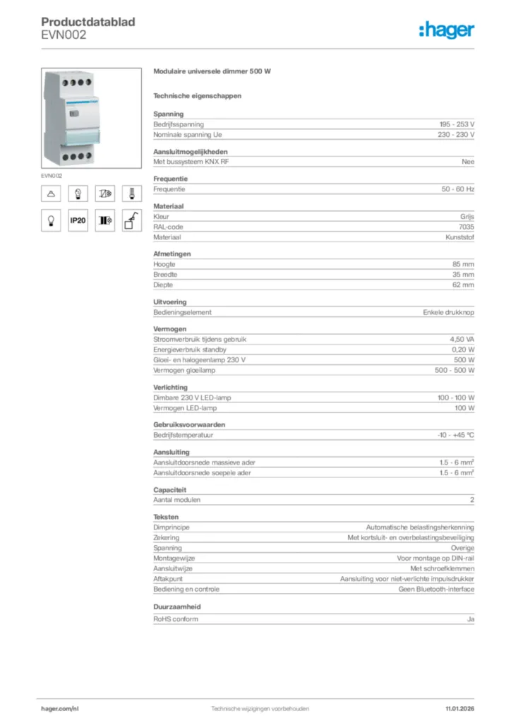 Afbeelding Hager Productdatablad EVN002 | Hager Nederland