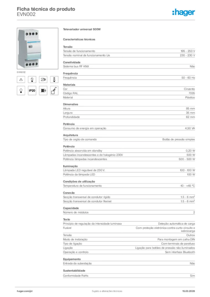 Imagem Hager Ficha técnica do produto EVN002 | Hager Portugal