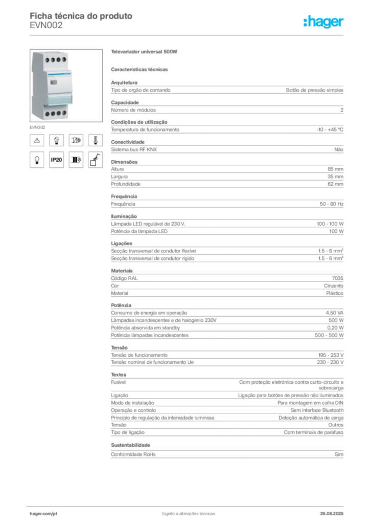 Imagem Hager Ficha técnica do produto EVN002 | Hager Portugal