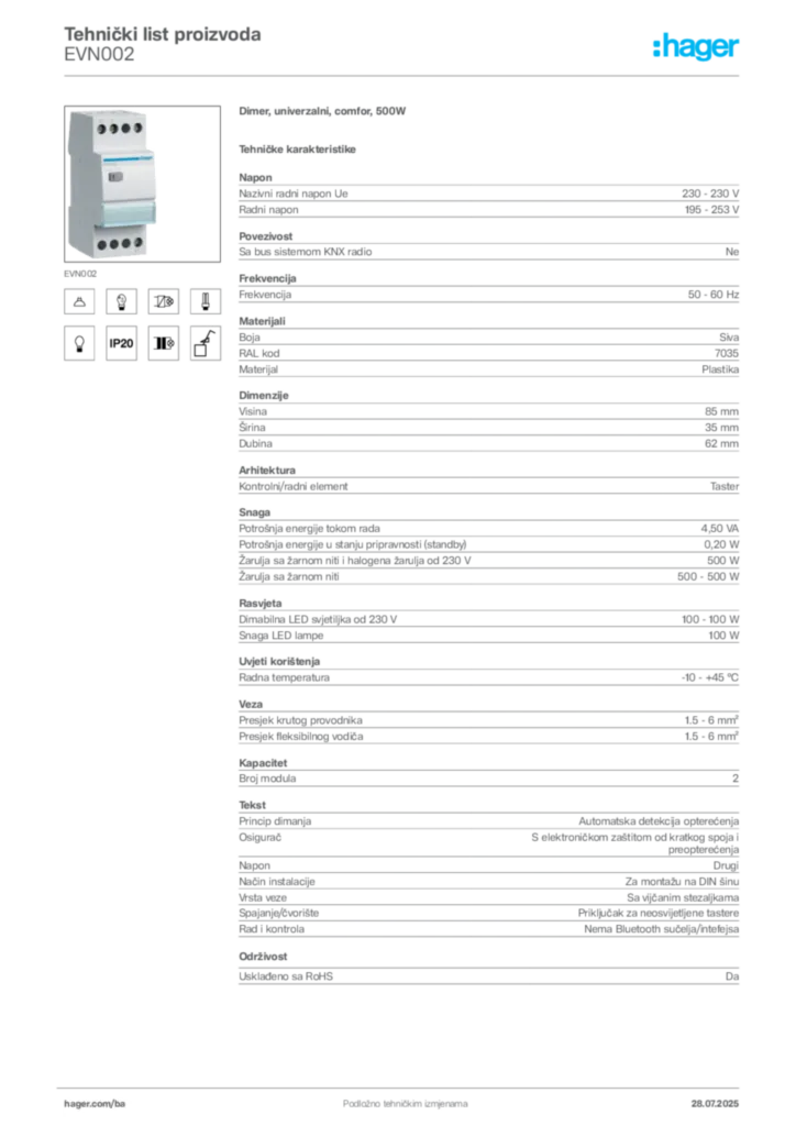 Slika Hager Product data sheet EVN002  | Hager