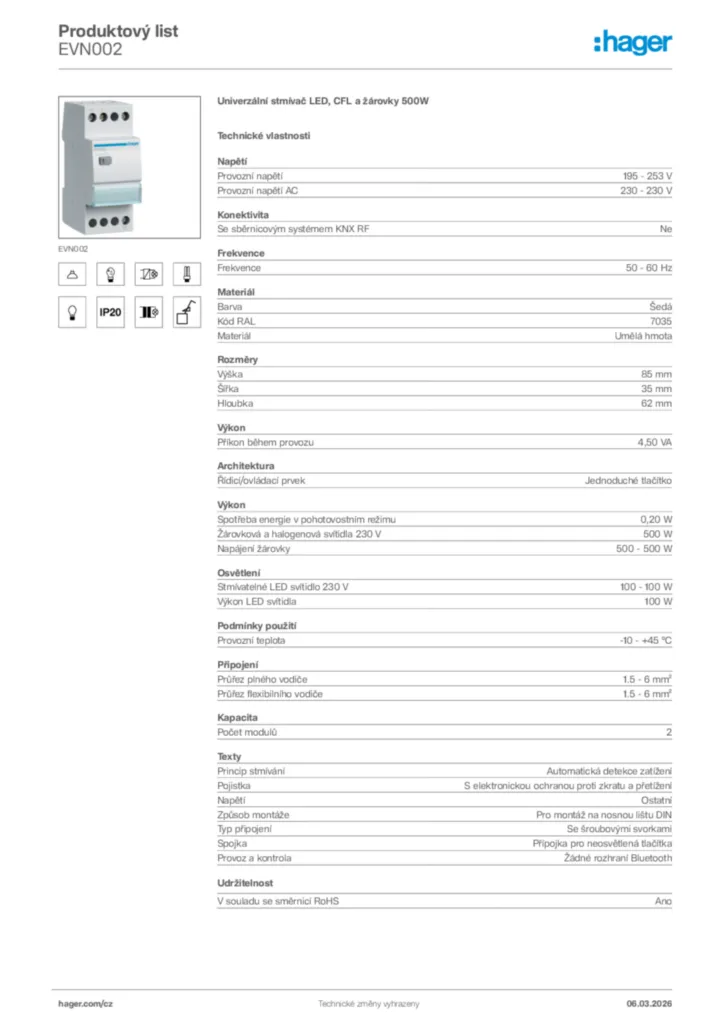 Obrázek Hager Product data sheet EVN002 | Hager