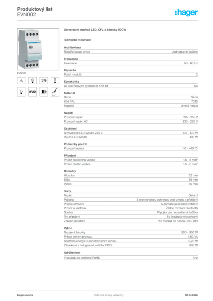 Obrázek Hager Produktový list EVN002 | Hager