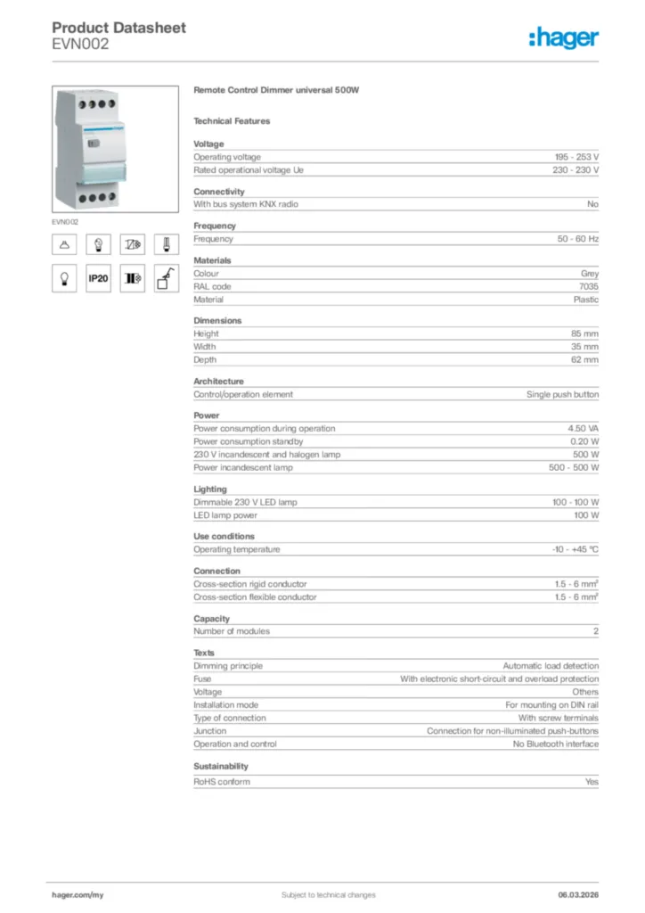 Image Hager Product data sheet EVN002  | Hager