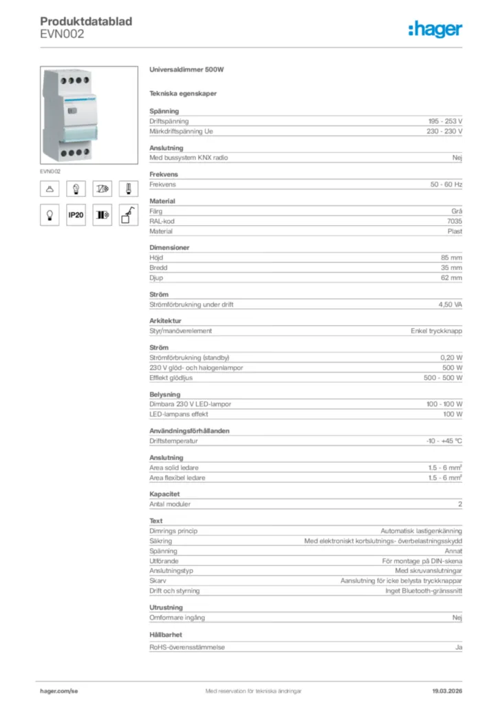 Bild Hager Produktdatablad EVN002 | Hager Sverige