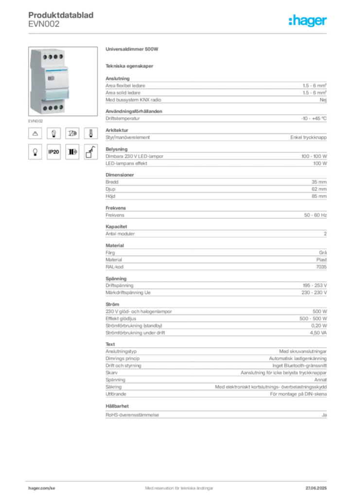 Bild Hager Produktdatablad EVN002 | Hager Sverige