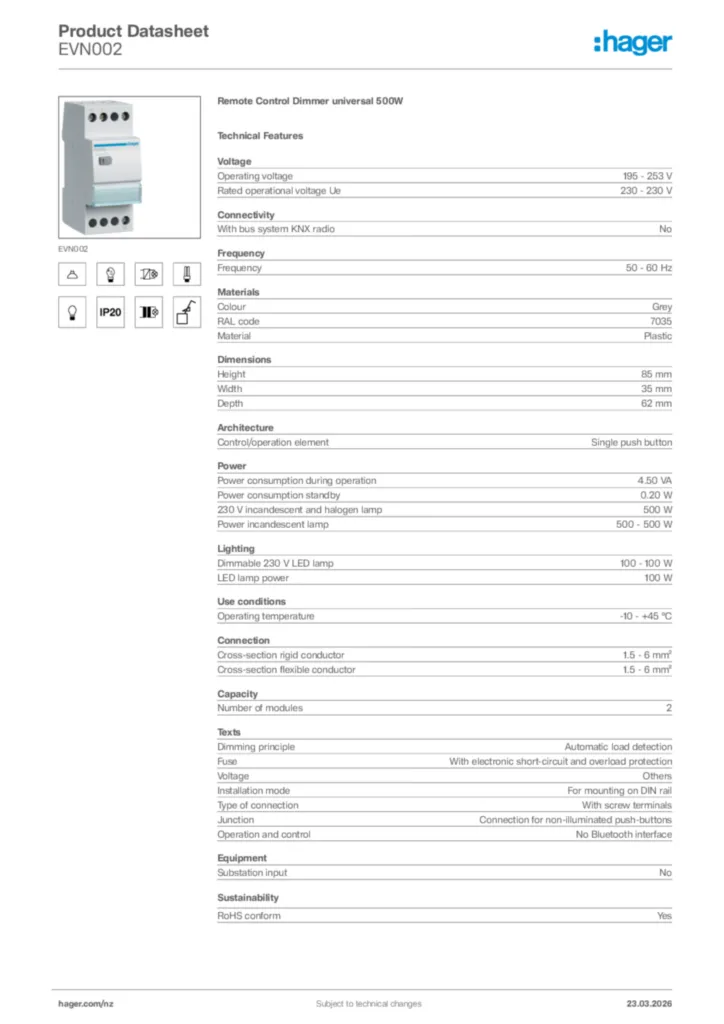 Image Hager Product data sheet EVN002  | Hager New Zealand