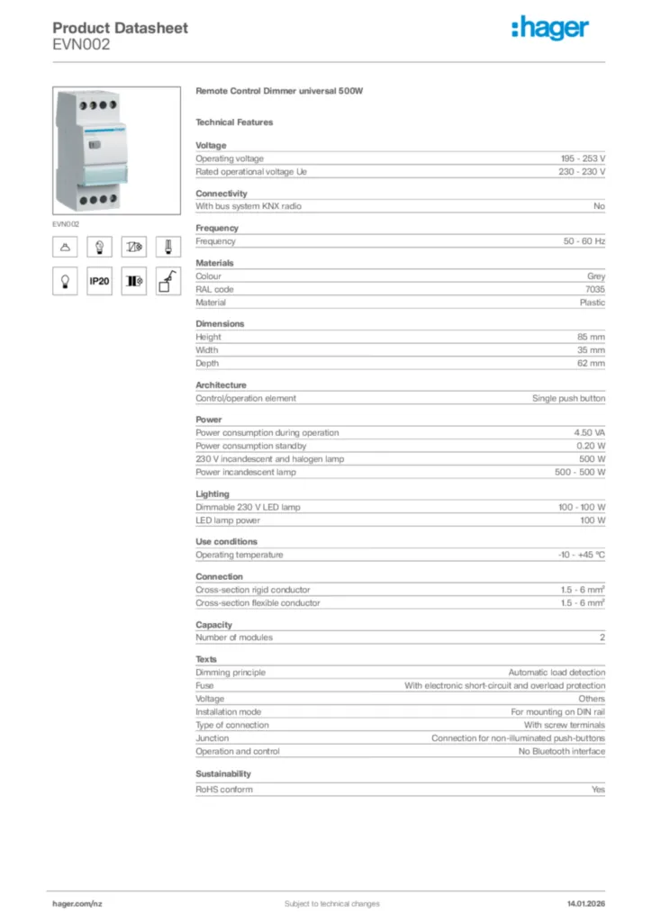 Image Hager Product data sheet EVN002  | Hager New Zealand