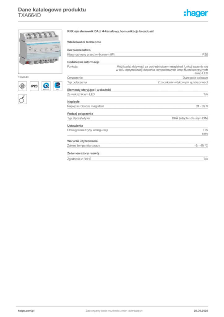 Zdjęcie Hager Dane katalogowe produktu TXA664D | Hager Polska