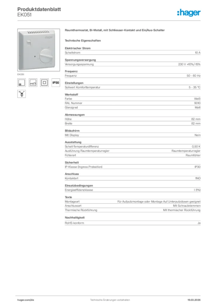 Bild Hager Produktdatenblatt EK051 | Hager Deutschland