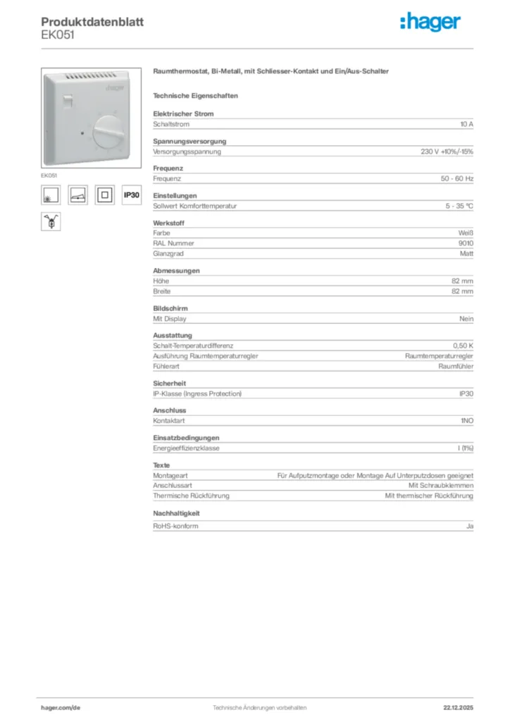 Bild Hager Produktdatenblatt EK051 | Hager Deutschland