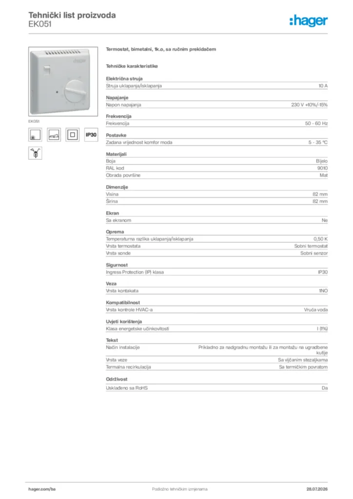 Slika Hager Tehnički list proizvoda EK051  | Hager