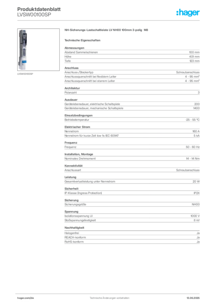 Bild Hager Produktdatenblatt LVSW00100SP | Hager Deutschland