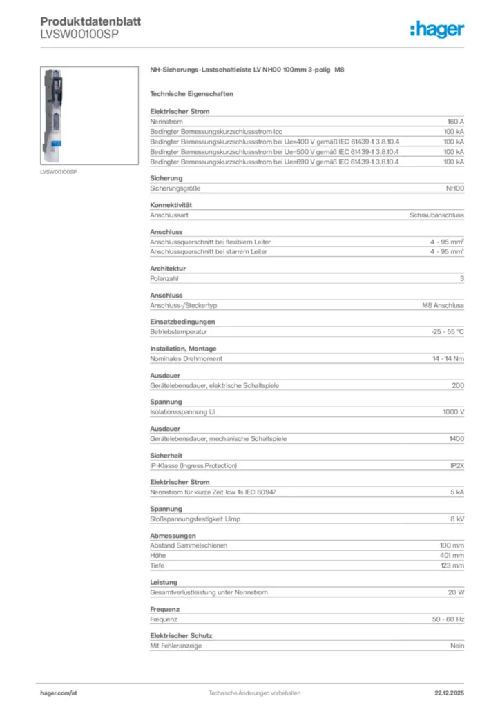 Bild Hager Produktdatenblatt LVSW00100SP | Hager Deutschland