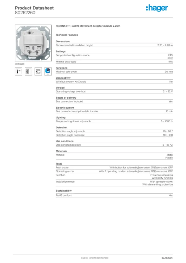 Image Hager Product data sheet 80262260  | Hager Africa