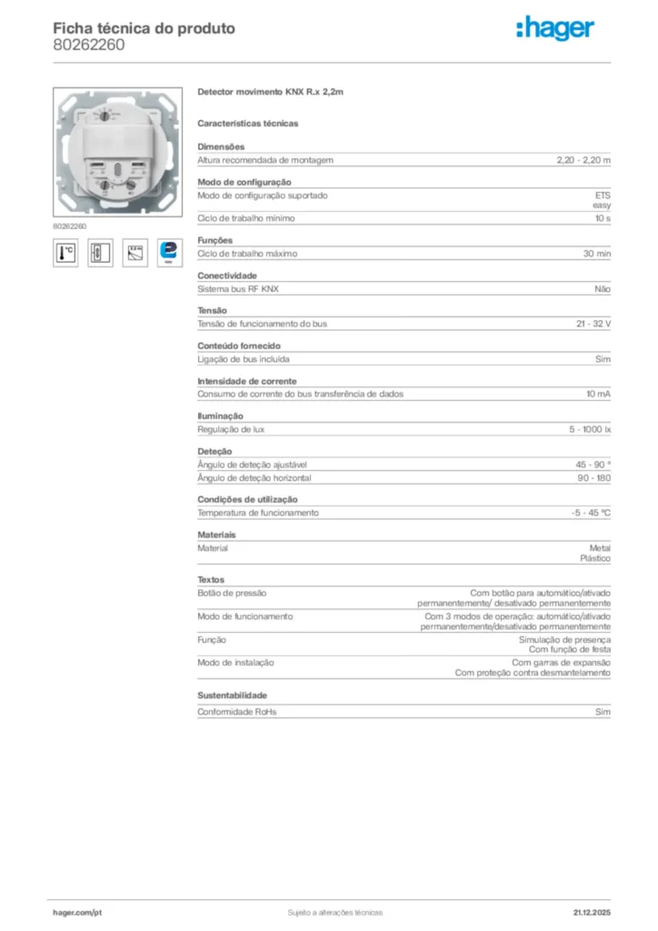 Imagem Hager Ficha técnica do produto 80262260 | Hager Portugal