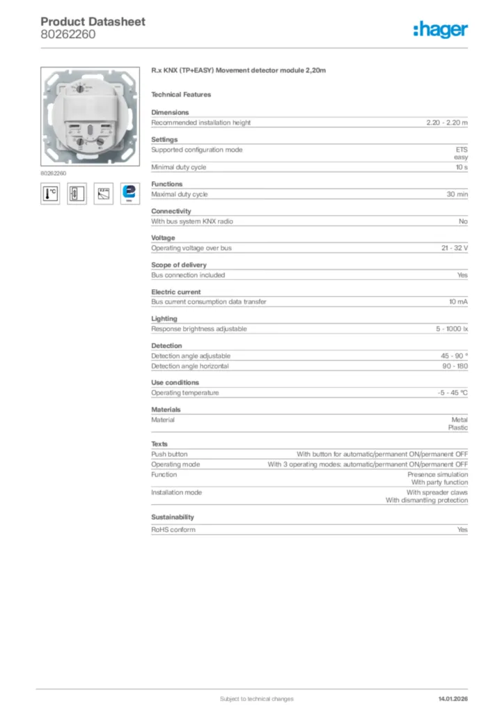 Image Hager Product data sheet 80262260  | Hager