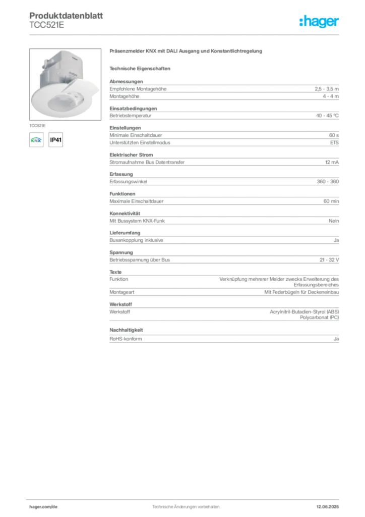 Hager Produktdatenblatt TCC521E