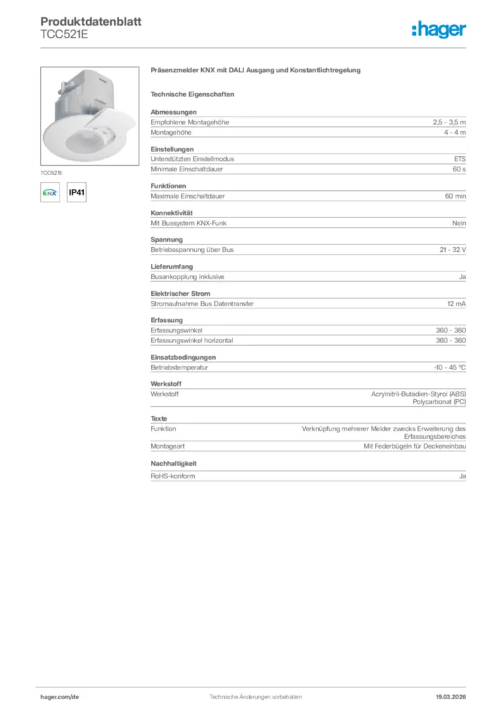 Bild Hager Produktdatenblatt TCC521E | Hager Deutschland