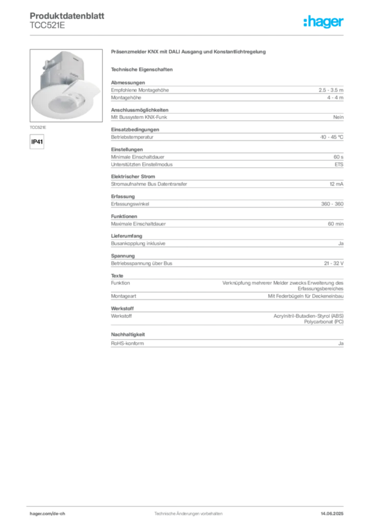 Bild Hager Produktdatenblatt TCC521E | Hager Schweiz