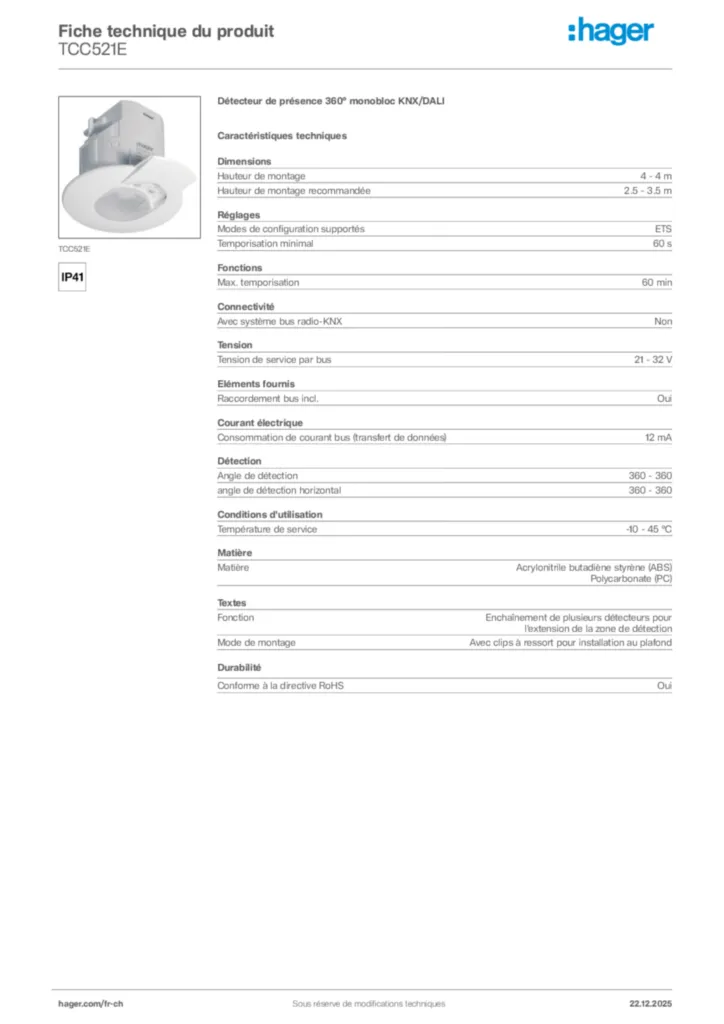 Image Hager Fiche technique du produit TCC521E | Hager Suisse