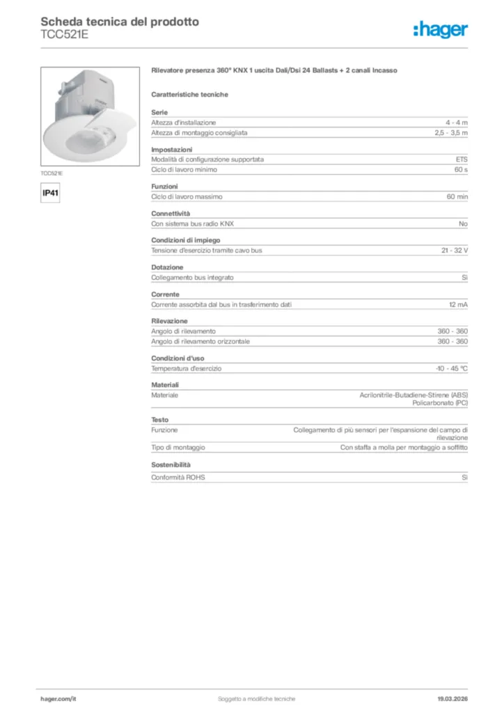 Immagine Hager Scheda tecnica del prodotto TCC521E | Hager Italia