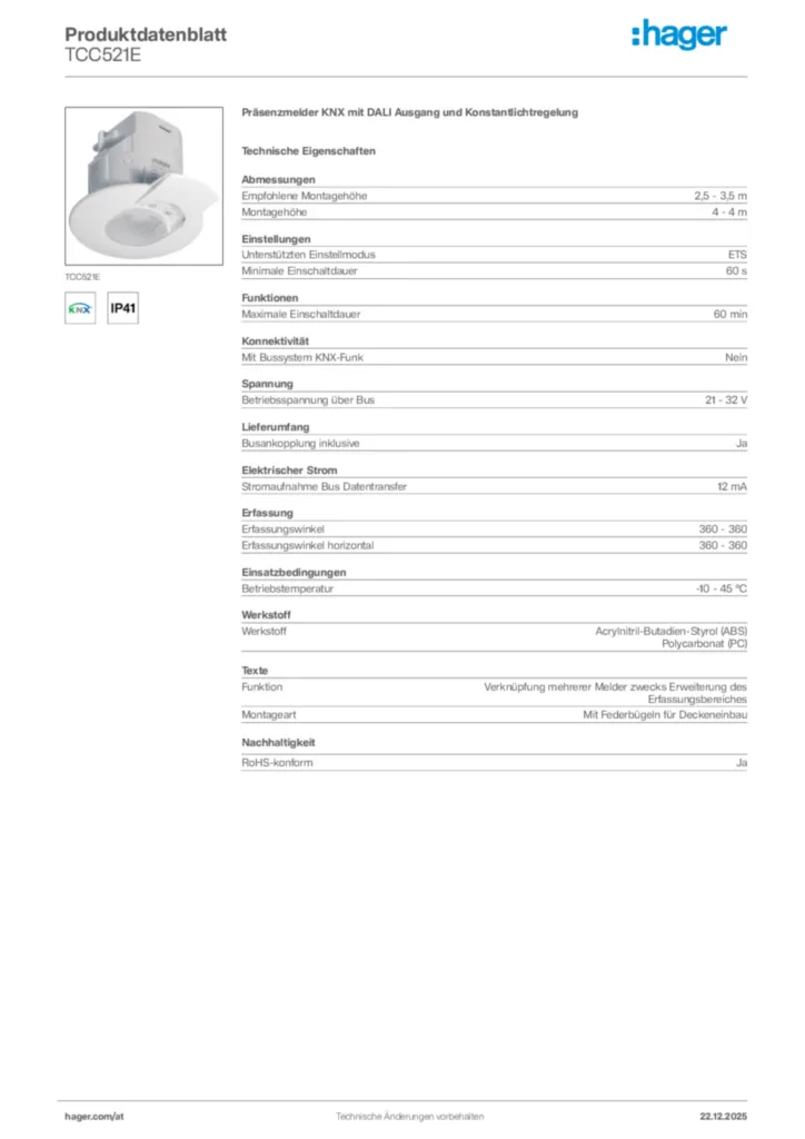 Bild Hager Produktdatenblatt TCC521E | Hager Deutschland