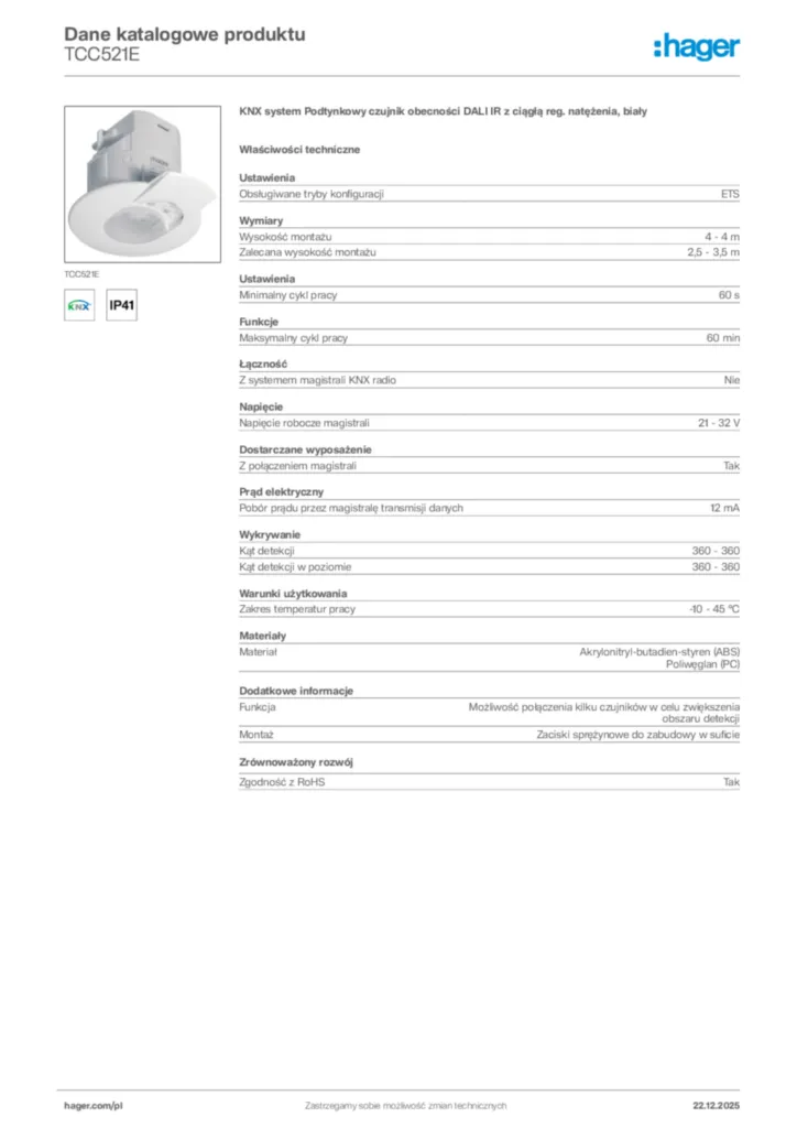 Zdjęcie Hager Dane katalogowe produktu TCC521E | Hager Polska