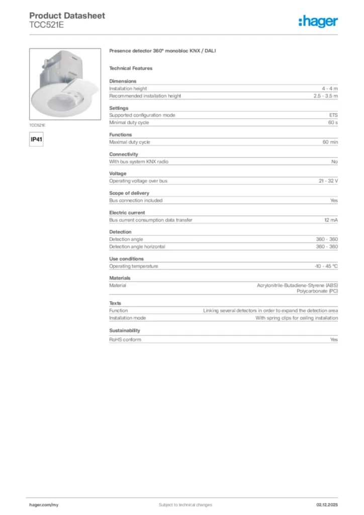 Image Hager Product data sheet TCC521E  | Hager