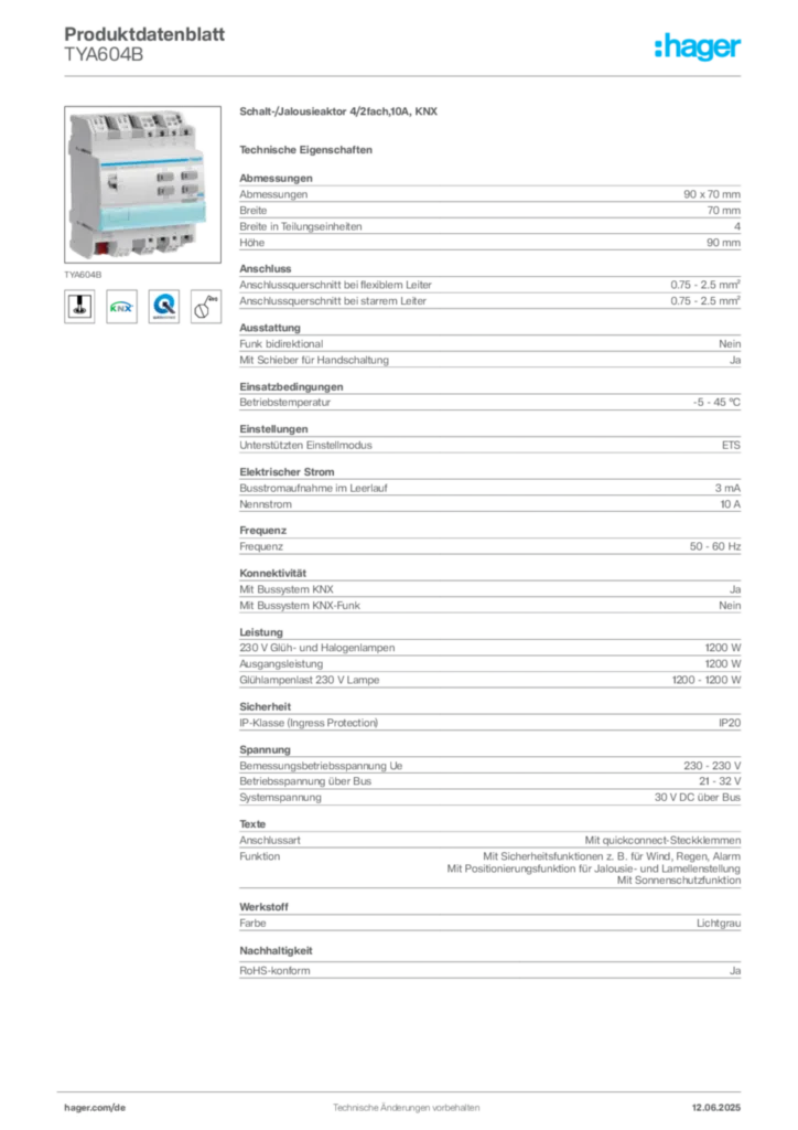 Hager Produktdatenblatt TYA604B