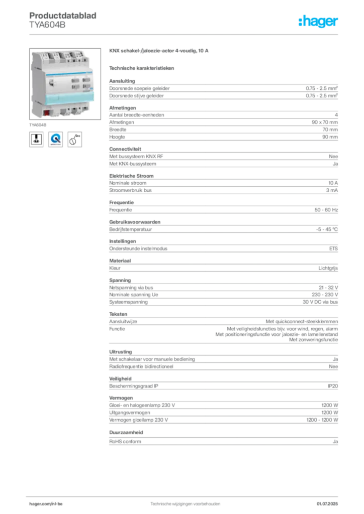 Afbeelding Hager Productdatablad TYA604B | Hager Belgium