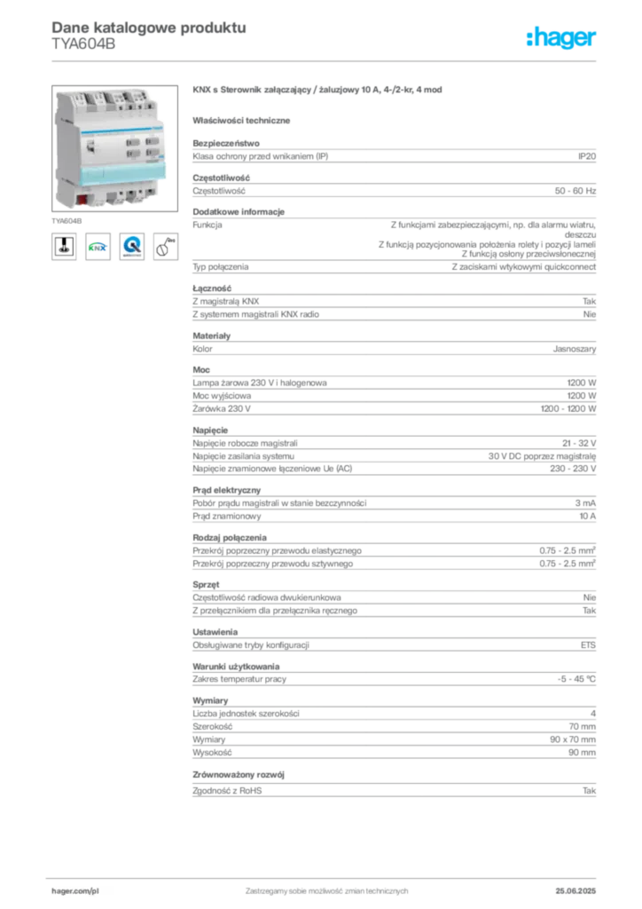 Zdjęcie Hager Dane katalogowe produktu TYA604B | Hager Polska
