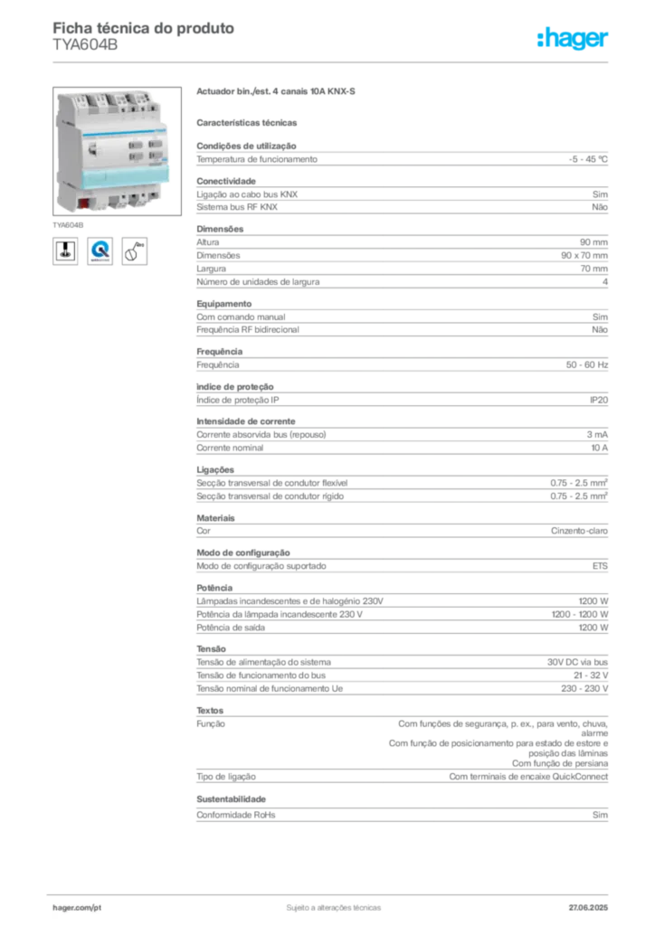 Imagem Hager Ficha técnica do produto TYA604B | Hager Portugal