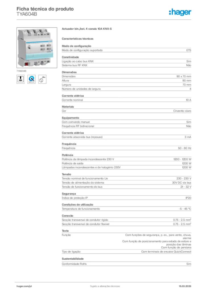 Imagem Hager Ficha técnica do produto TYA604B | Hager Portugal