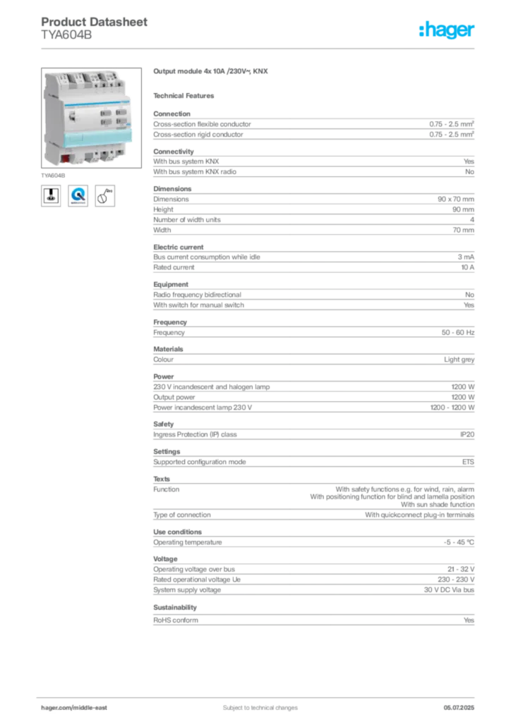Image Hager Product data sheet TYA604B  | Hager
