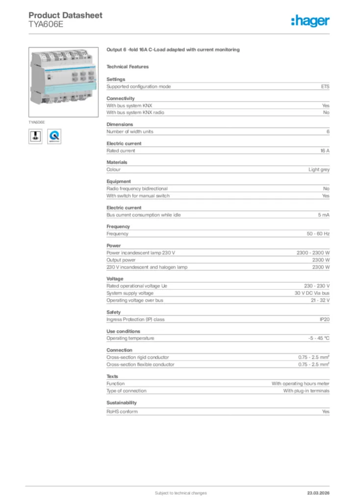 Image Hager Product data sheet TYA606E  | Hager Africa