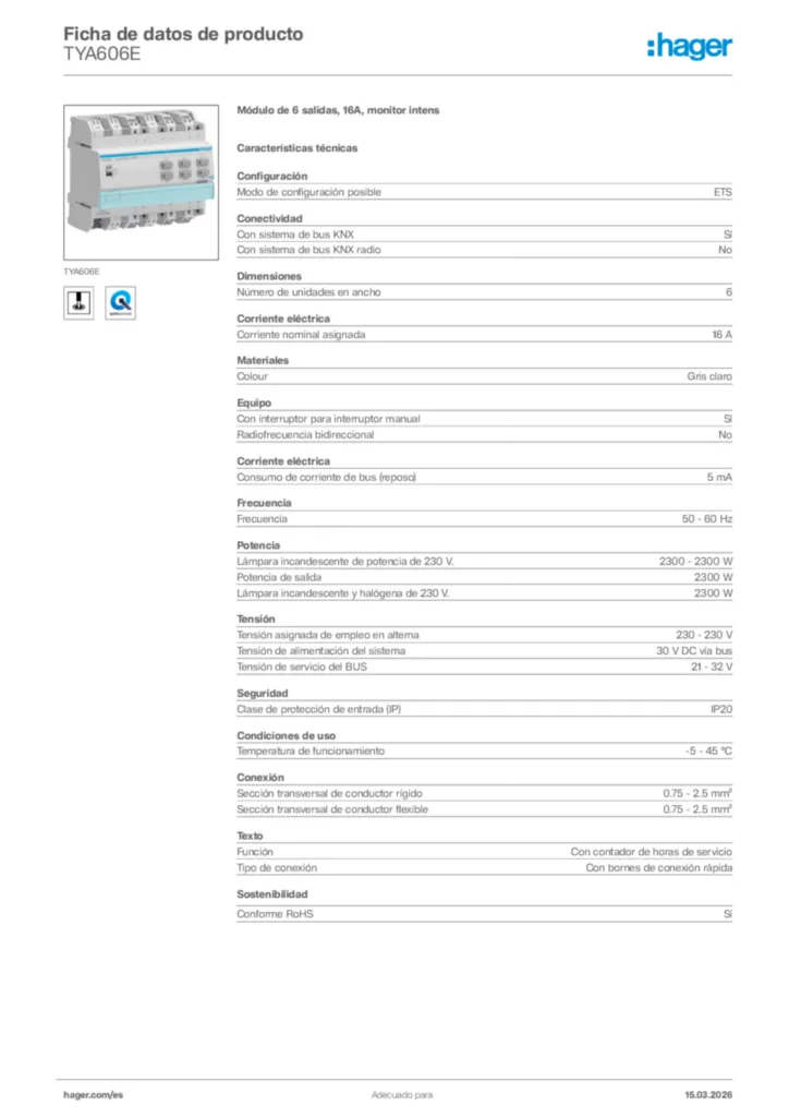 Imagen Hager Ficha de datos de producto TYA606E | Hager España