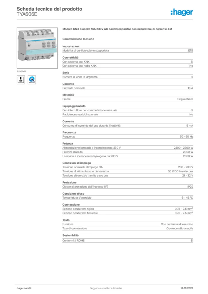 Immagine Hager Scheda tecnica del prodotto TYA606E | Hager Italia
