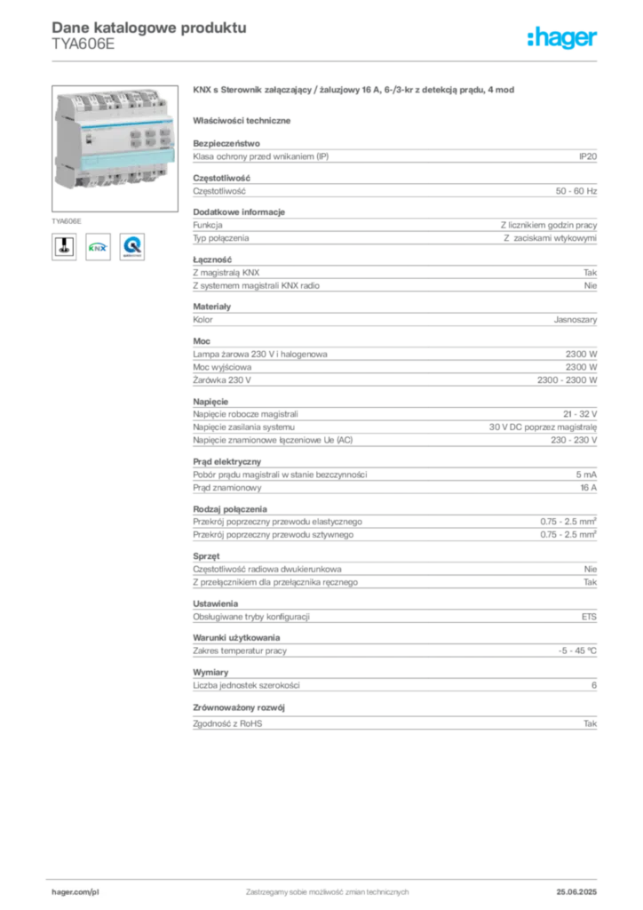 Zdjęcie Hager Dane katalogowe produktu TYA606E | Hager Polska