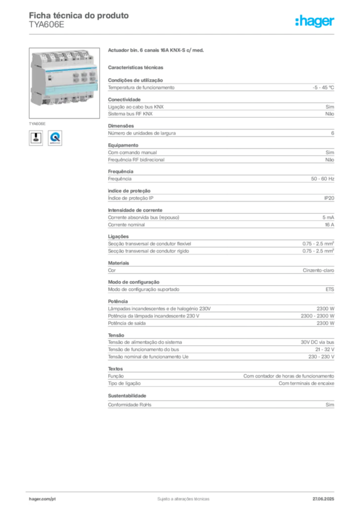Imagem Hager Ficha técnica do produto TYA606E | Hager Portugal
