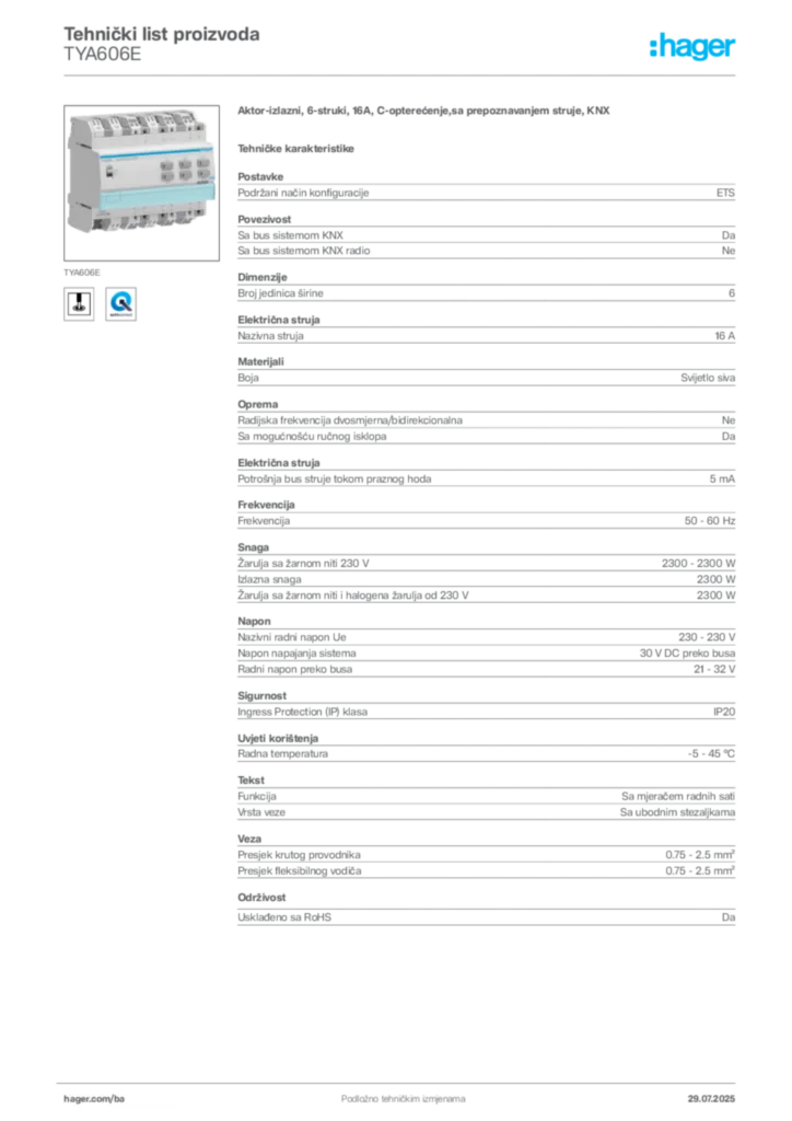 Slika Hager Product data sheet TYA606E  | Hager