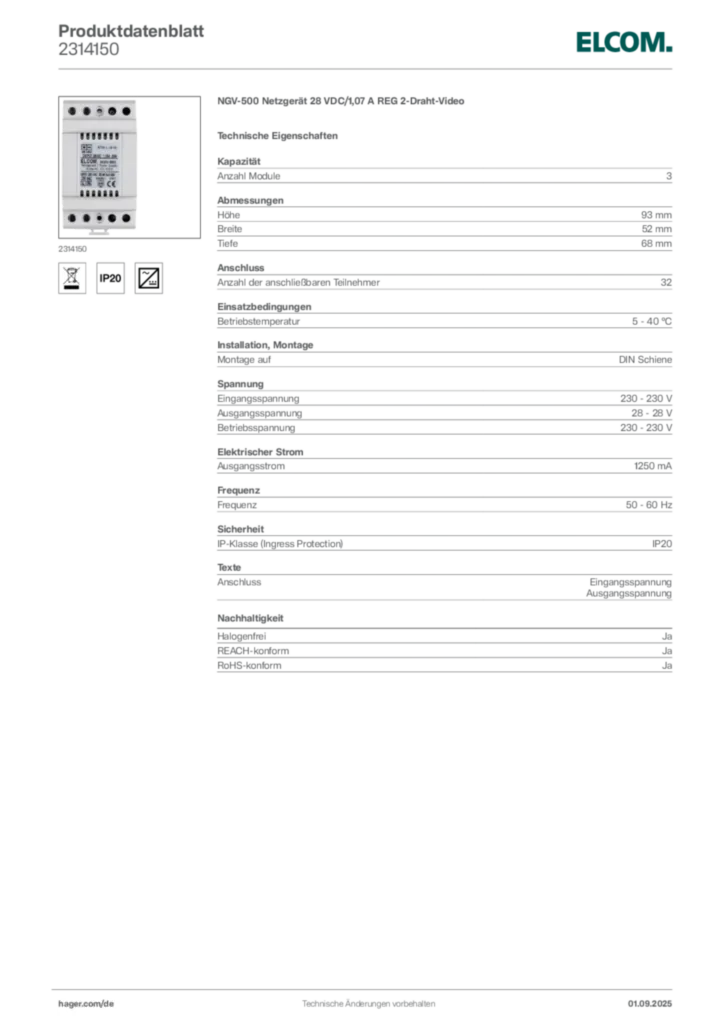Bild Elcom Produktdatenblatt 2314150 | Hager Deutschland