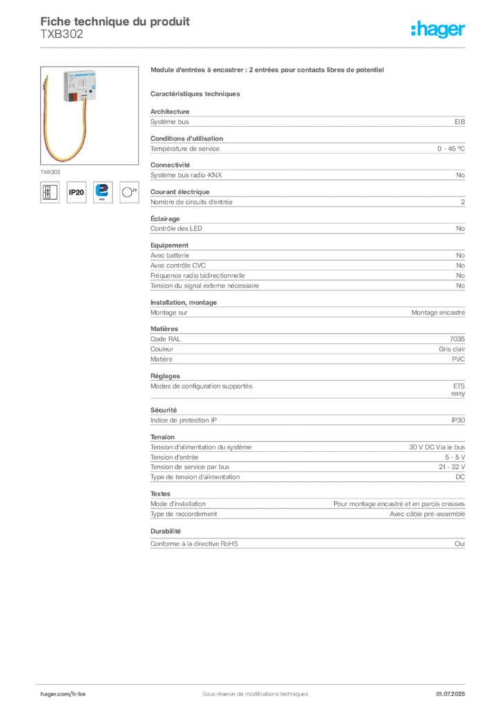 Image Hager Fiche technique du produit TXB302 | Hager Belgique