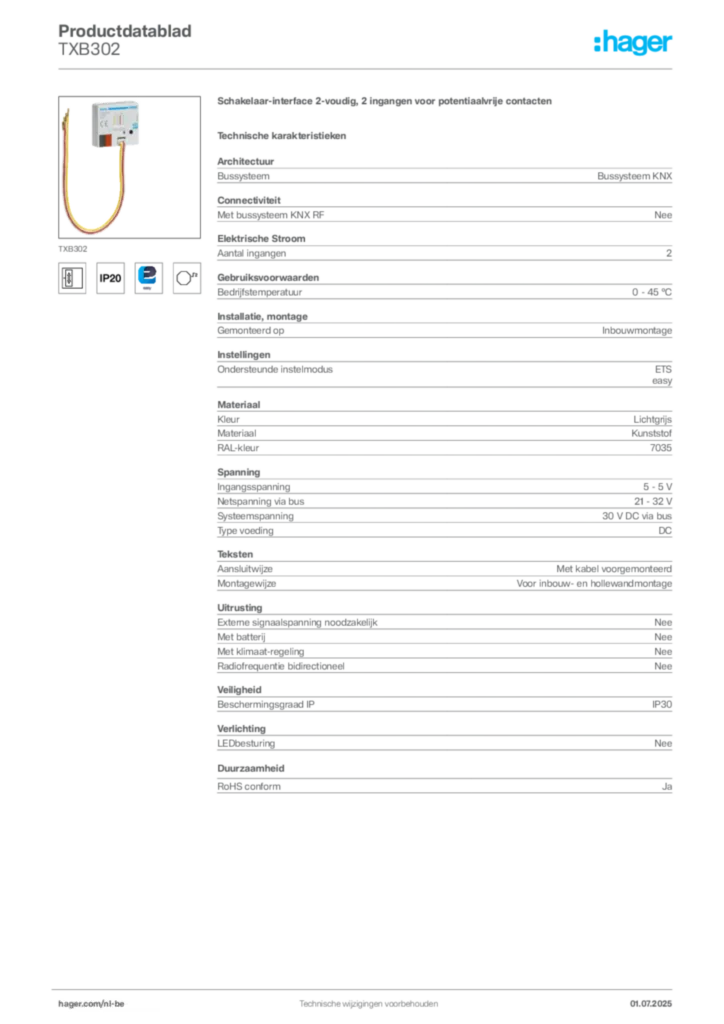 Afbeelding Hager Productdatablad TXB302 | Hager Belgium