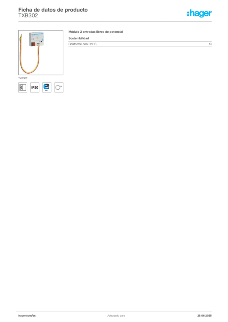 Imagen Hager Ficha de datos de producto TXB302 | Hager España